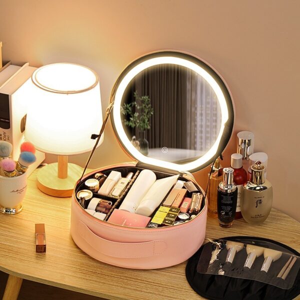 Round Smart LED Makeup Bag With Mirror Lights Women Beauty Bag Large Capacity PU Leather Travel Organizers Cosmetic Case - Image 5