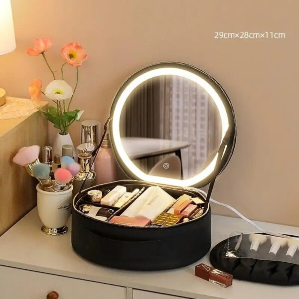 Round Smart LED Makeup Bag With Mirror Lights Women Beauty Bag Large Capacity PU Leather Travel Organizers Cosmetic Case - Image 6