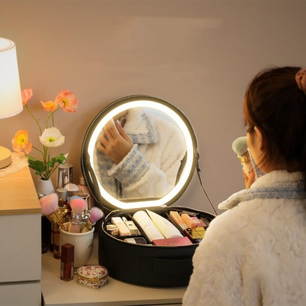 Round Smart LED Makeup Bag With Mirror Lights Women Beauty Bag Large Capacity PU Leather Travel Organizers Cosmetic Case - Image 2