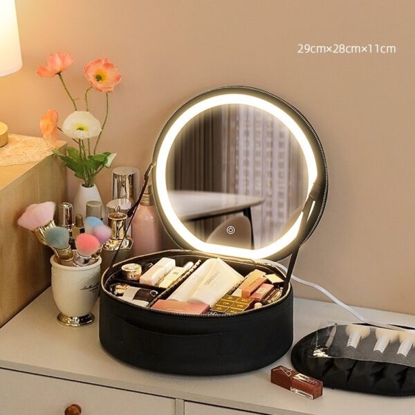 Round Smart LED Makeup Bag With Mirror Lights Women Beauty Bag Large Capacity PU Leather Travel Organizers Cosmetic Case - Image 4