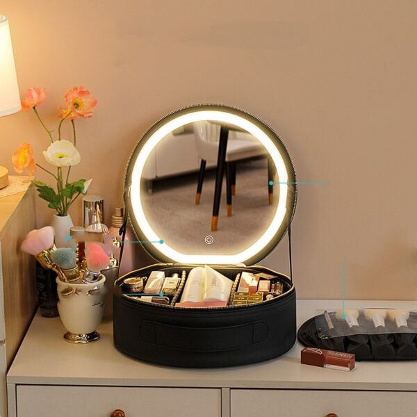 Round Smart LED Makeup Bag With Mirror Lights Women Beauty Bag Large Capacity PU Leather Travel Organizers Cosmetic Case - Image 8