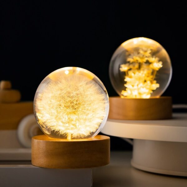 Luminous 3D Dandelion Crystal Ball Beech Wood Stand Base Preserved Flower Sphere Ball Desktop Ornaments Bithday Christmas Gifts - Image 3